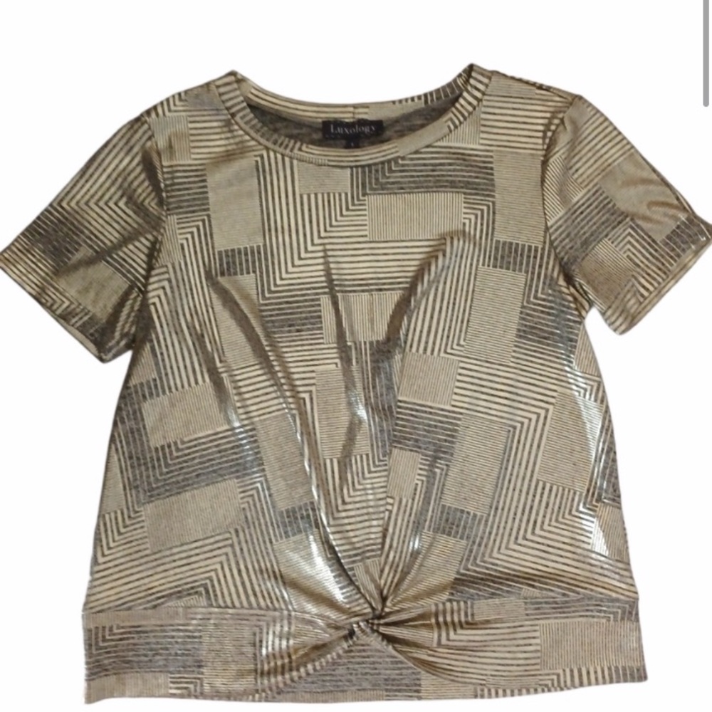 Luxology Metallic  gold Geometric print Short sleeve top blouse, size Small